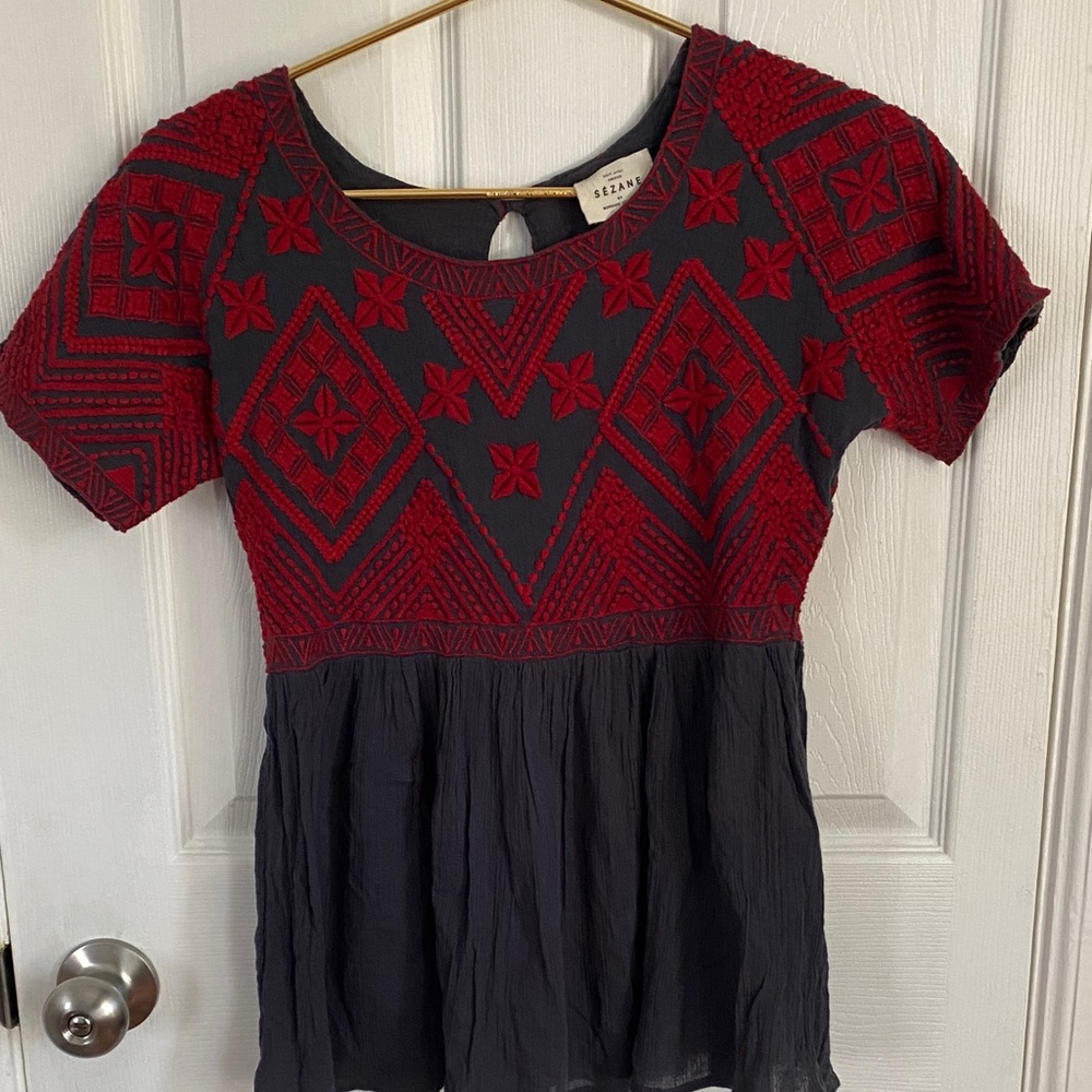 Cleobella Red and Black Embroidered Blouse Sezane